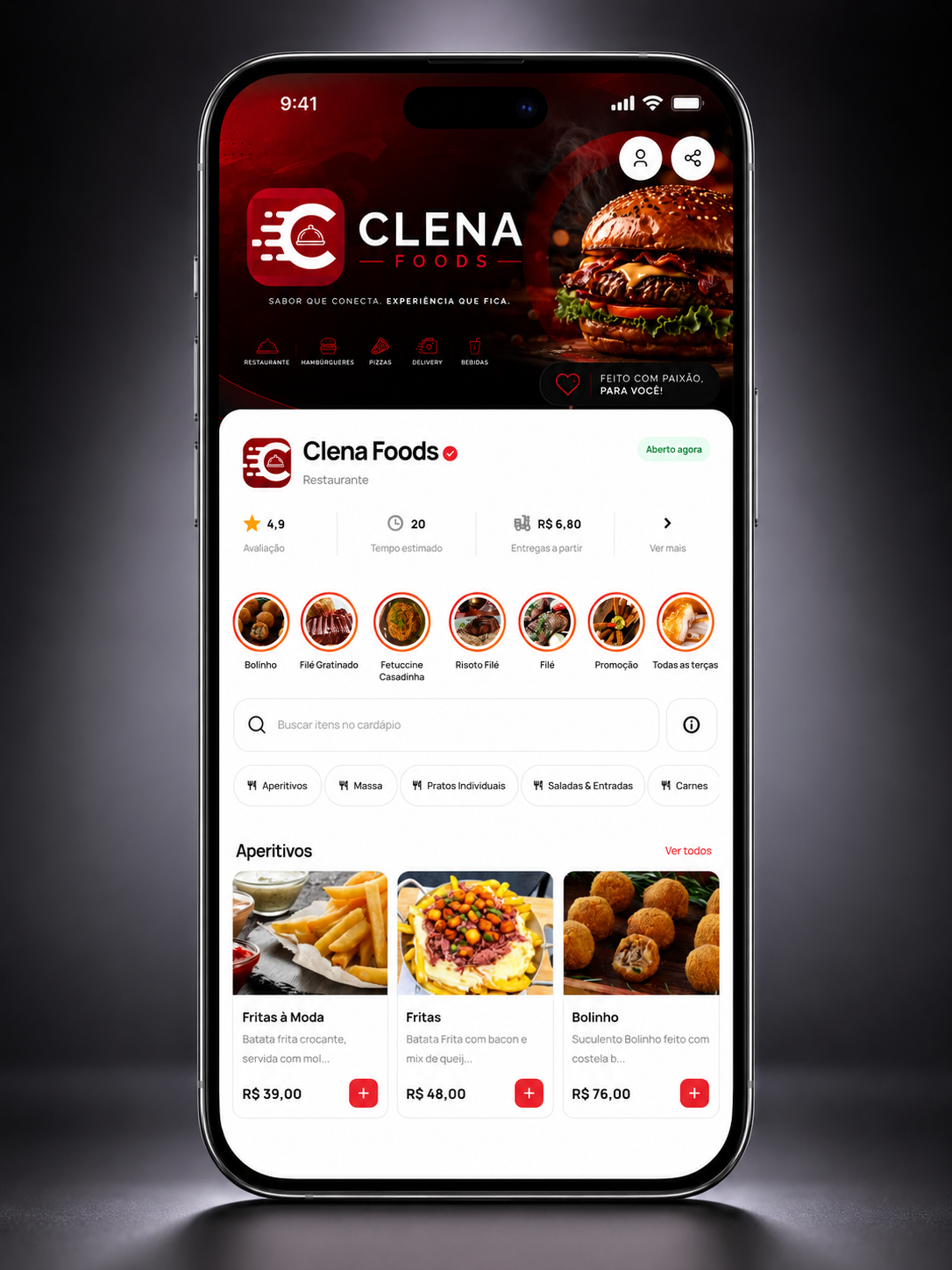 Demonstração do Clena Foods em um celular