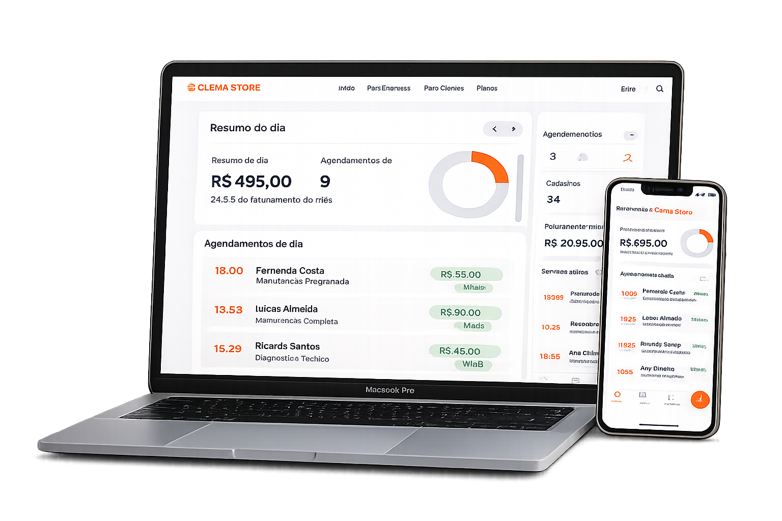 Sistema Clena Store no computador e celular
